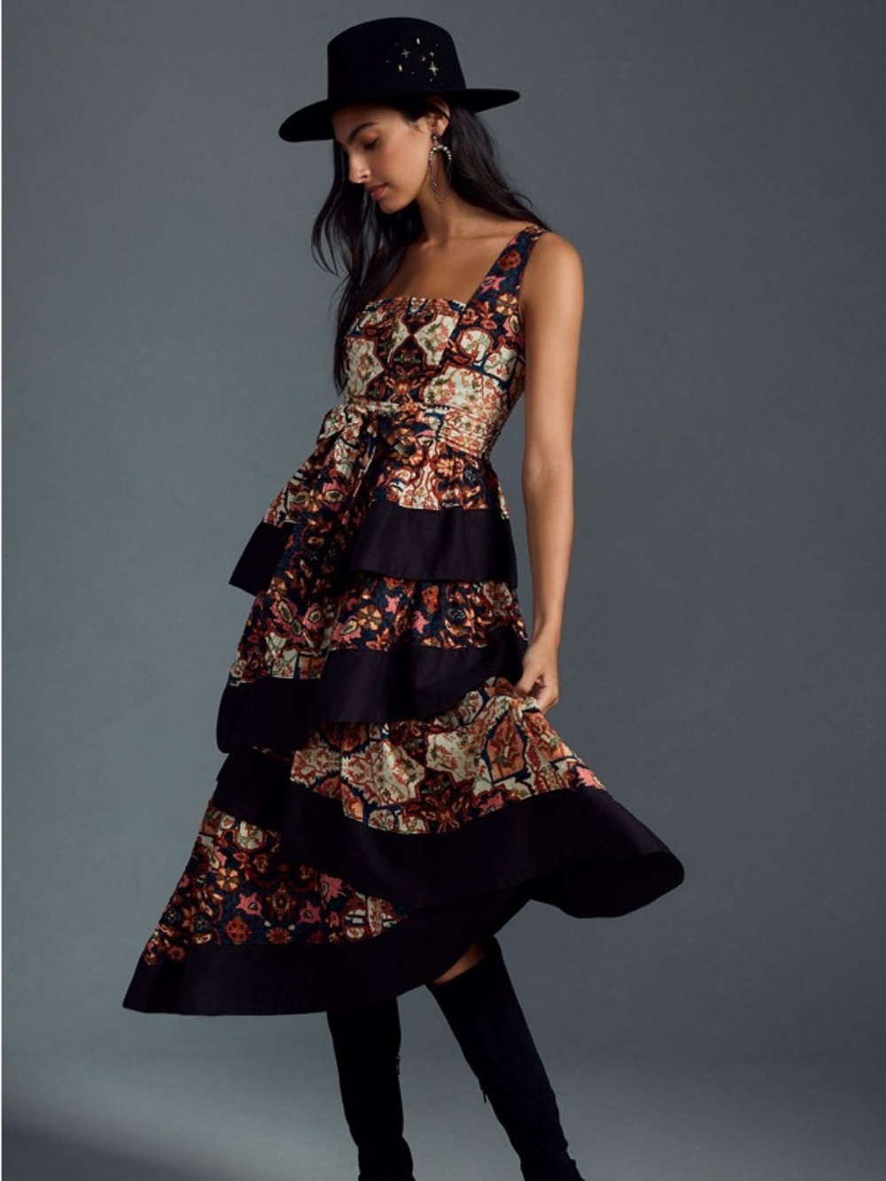 anthropologie square neck printed tiered midi dress size small